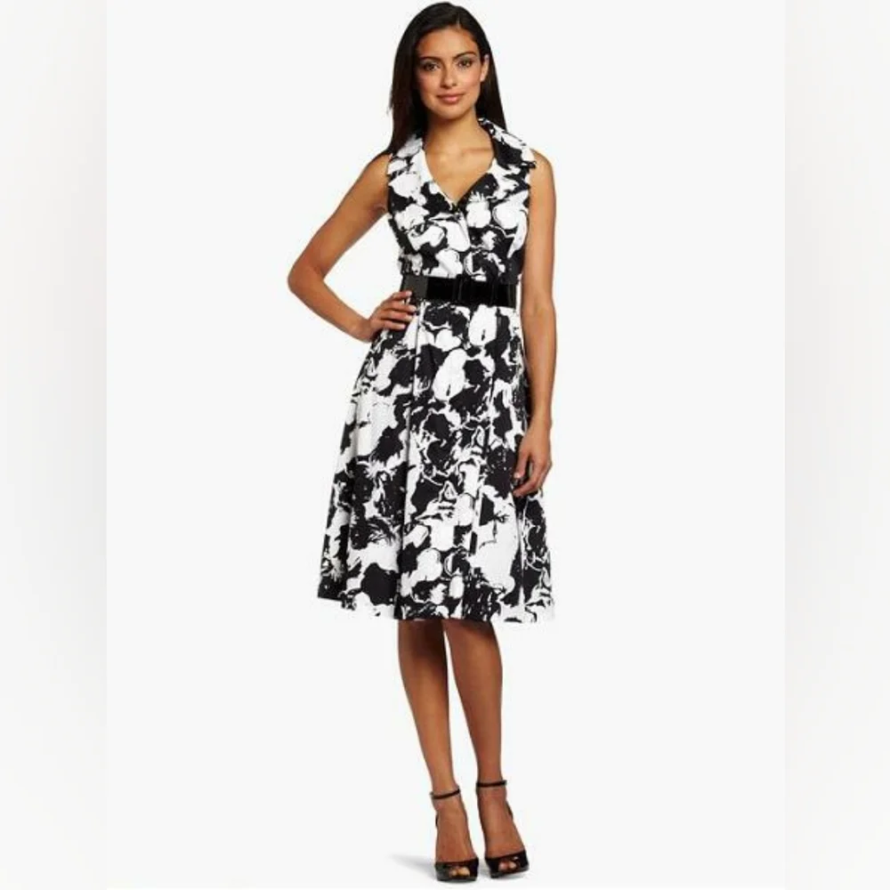 Jones New York Dress Black and White Floral Button Front Sleeveless Collar sz 4